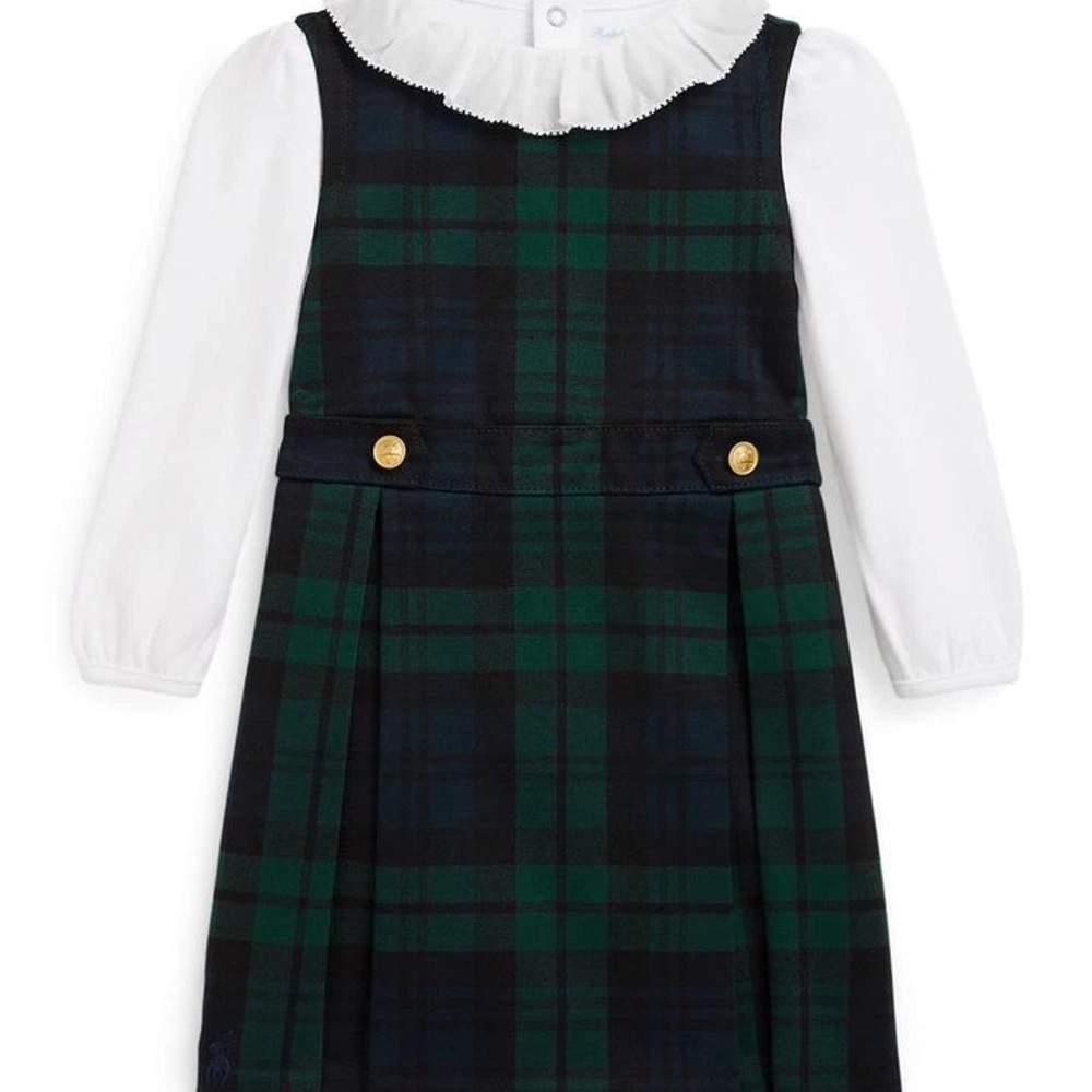 Ralph Lauren Green and Blue Plaid Dress with White Ruffle Collar